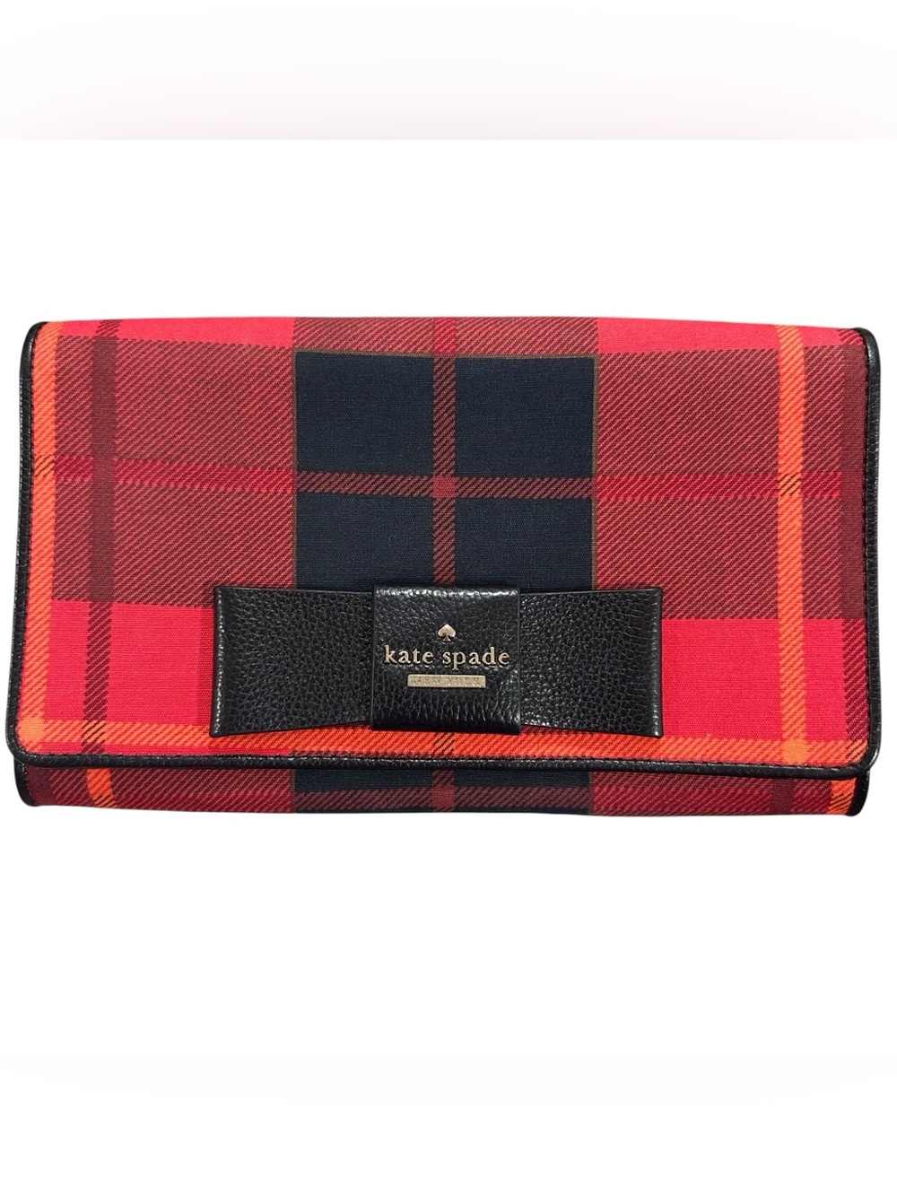 Kate Spade Red Plaid Canvas & Black Leather Bow Flap Clutch Mini Bag on Chain - Picture 3 of 14